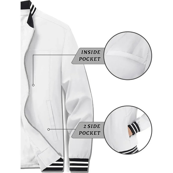 ❤️ Men's Bomber Jacket Lightweight Casual Spring Fall Windbreaker Zip Coat-White - Picture 4 of 8